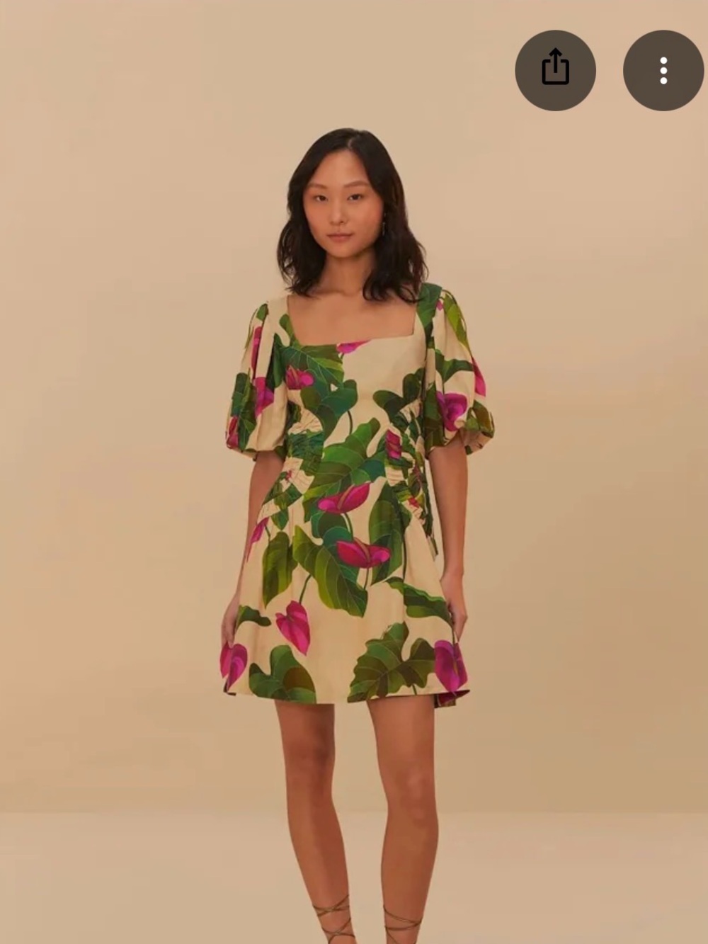 Farm Rio Anthurium Leaves Sand Short Sleeve Square Neckline Mini Dress M